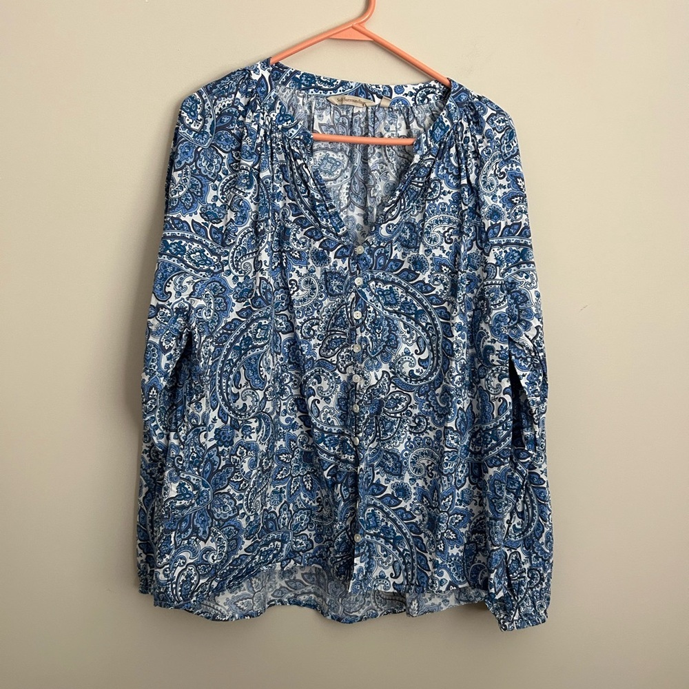 Soft Surroundings Blue Paisley Print Button Front Blouse Size 1X